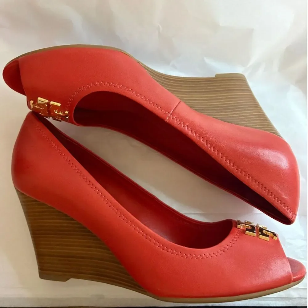 Women's Tory Burch Scarlett Red Leather Wedge Pumps Size 8.5